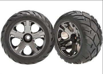 Tires & wheels, assembled, glued (All-Star black chrome wheels, Anaconda® tires, foam inserts) (nitro front) (1 left, 1 right)