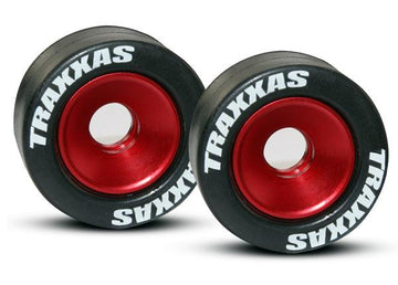 Dæk med røde aluminum fælge til wheeliebar(2 stk) Der medfølger 4 stk 5x8mm kuglelejer