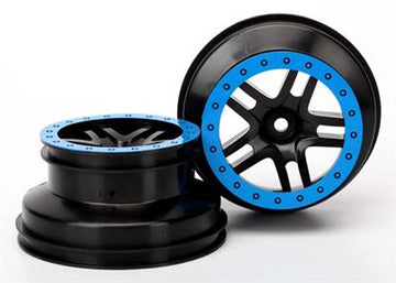 Wheels, SCT split-spoke, black, blue beadlock style, dual profile (2.2" outer 3.0" inner) (2WD front) (2)