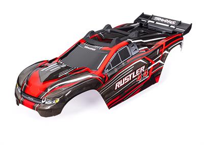 Traxxas - TRX6740R - Rustler® 4X4 VXL Karosseri i Rød tema. Med skid plate, spoiler og Karosseri fastgørelse
