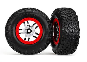 Tires & wheels assembled, glued (S1 compound) (SCT Split-Spoke chrome, red beadlock style wheels, SCT off-road racing tires, foa