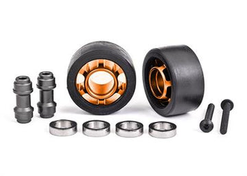 Wheels, wheelie bar, 6061-T6 aluminum (orange-anodized) (2)/ axle, wheelie bar, 6061-T6 aluminum (2)/ 10x15x4 ball bearings (4)