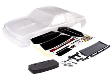 Body, Ford Mustang, Fox Body (clear, requires painting)/ window masks/ decal sheet (includes side mirrors, wing, wing retainer, r