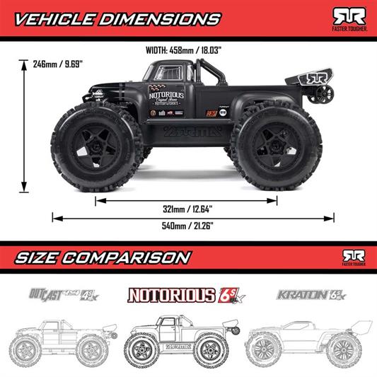 Arrma - ARA8611V6T1 - 1/8 NOTORIOUS 6S 4X4 RTR Brushless Stunt Truck, Black