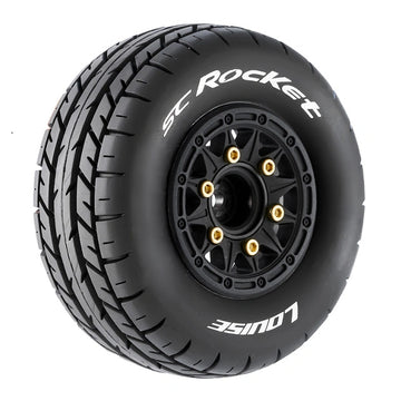 LouiseRC - T3154SB - SC-ROCKET - 1/10 Short Course Tire Set - Mounted - Soft - Black Wheels - Removable 1-10 SC Hex - 12,14,17mm