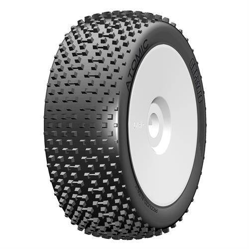 GRP - GBX05A - 1:8 BU - ATOMIC - A Soft - New Closed Cell Insert - Mounted on New Closed White Wheel - 1 Pair