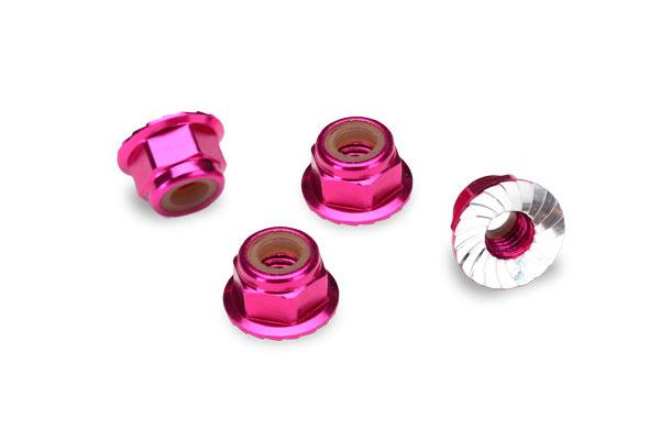 Traxxas - TRX1747P - 4mm møtrik aluminum, flanged, serrated (Pink) (4)