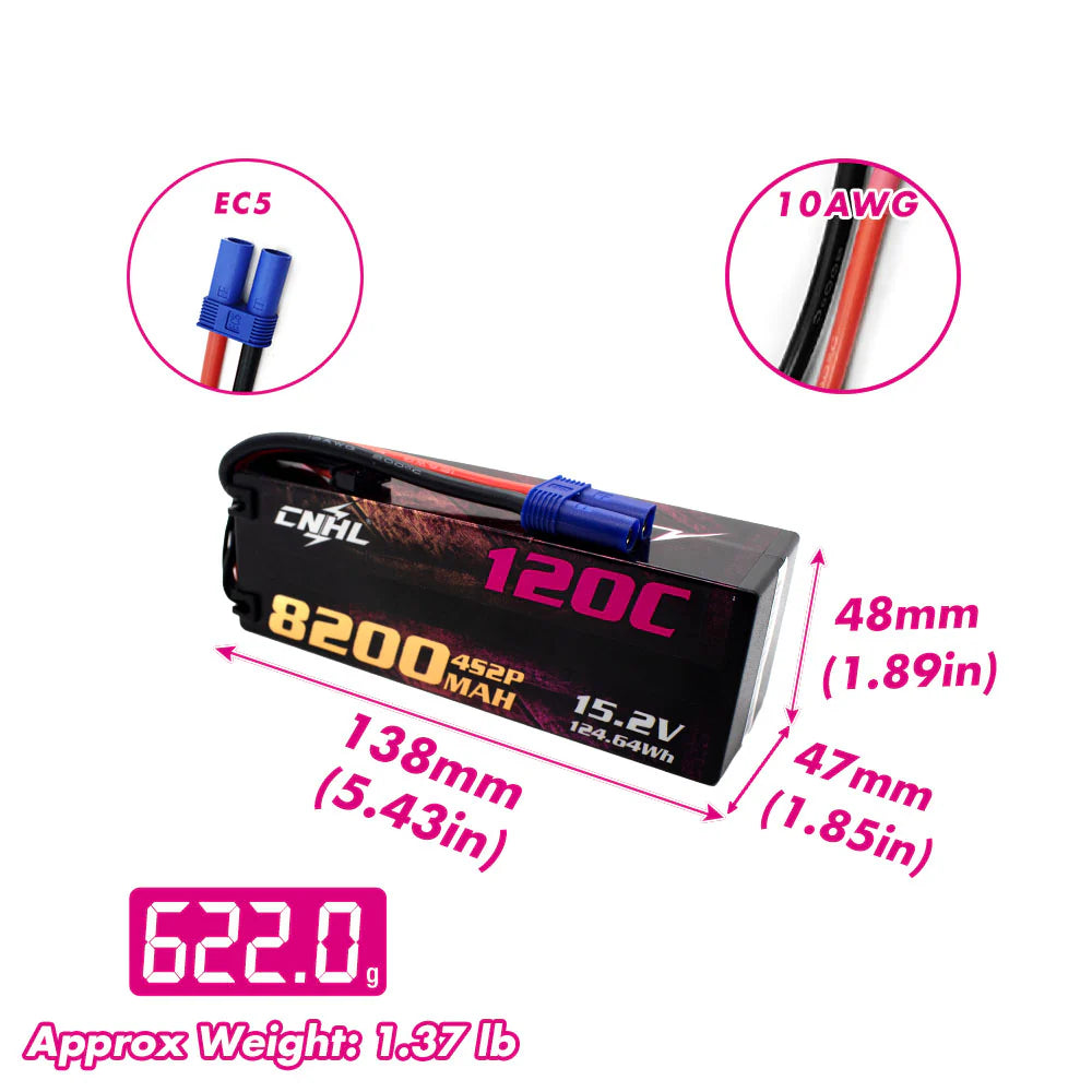 CNHL - 15.2V Lipo batteri med 8200 mAh, 120C i hardcase med EC5 stik