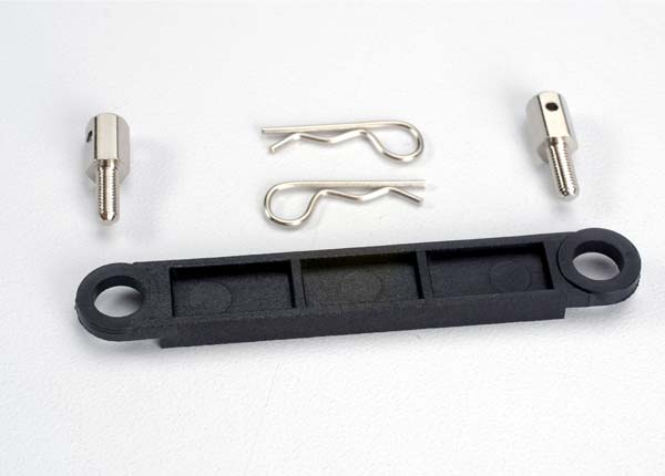 Traxxas - TRX3727 - Battery hold-down plate (black)/ metal posts (2)/body clips (2)