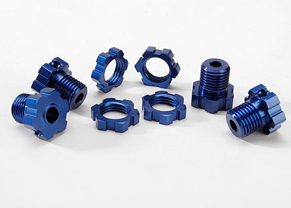 Traxxas - TRX5353x - Wheel hubs, splined, 17mm (blue-anodized) (4)/ wheel nuts, splined, 17mm (blue-anodized) (4)/ screw pins, 4x13mm (with threadlock