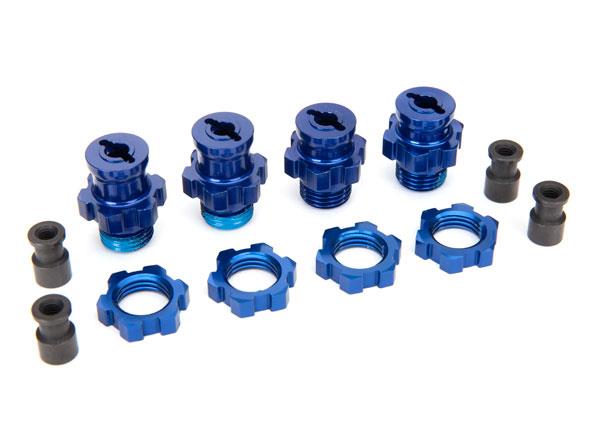 Traxxas - TRX5853X - Wheel hubs, splined, 17mm, short (2), long (2)/wheel nuts, splined, 17mm (4) (blue-anodized)/ hub retainer M4x0.7 (4)/axle pin