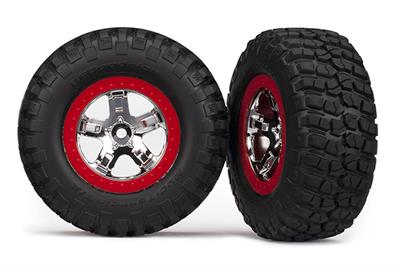 Traxxas - TRX5869 - Tire & wheel assy, glued (SCT chrome, red beadlock style wheels, BFGoodrich® Mud-Terrain™ T/A® KM2 tires, foam inserts) (2) (2WD