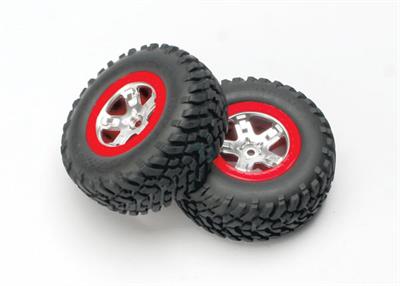 Traxxas - TRX5873A - Tires & wheels, assembled, glued (SCT, satin chrome wheels, red beadlock, (dual profile 2.2" outer 3.0" inner), SCT off-road tir