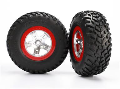 Traxxas - TRX5873R - Tires & wheels, assembled, glued (SCT, satin chrome, red beadlock wheels, ultra soft S1 compound off-road racing tires, foam ins