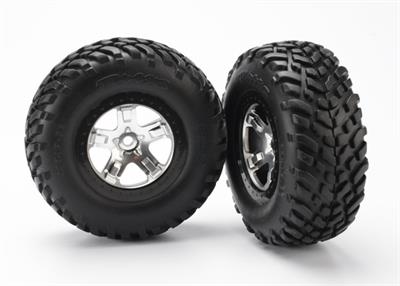 Traxxas - TRX5873X - Tire & wheel assy, glued (SCTsatin chrome, black beadlock style wheels, SCT off-road racing tires, foam inserts) (2) (4WD front/