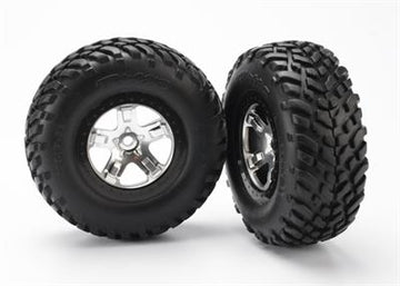 Traxxas - TRX5873X - Tire & wheel assy, glued (SCTsatin chrome, black beadlock style wheels, SCT off-road racing tires, foam inserts) (2) (4WD front/