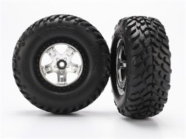 Traxxas - TRX5875X - Tire & wheel assy, glued (SCT satin chrome, black beadlock style wheels, SCT off-road racing tires, foam inserts) (2) (2WD front