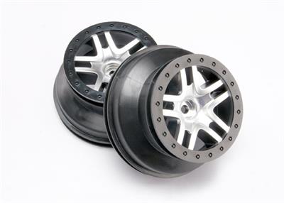 Traxxas - TRX5876 - Wheels, SCT Split-Spoke, satin chrome, black beadlock style, dual profile (2.2" outer 3.0" inner) (2WD front) (2)