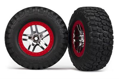 Traxxas - TRX5877A - Tire & wheel assy, glued (SCT Split-Spoke, chrome red beadlock wheels, BFGoodrich® Mud-Terrain™ T/A® KM2 tires, inserts) (2) (2W