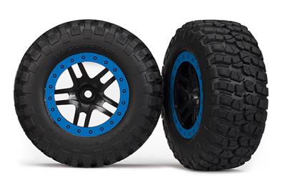 Traxxas - TRX5883A - Tire & wheel assy, glued (SCT Split-Spoke, black, blue beadlock wheels, BFGoodrich® Mud-Terrain™ T/A® KM2 tire, inserts) (2) (4W