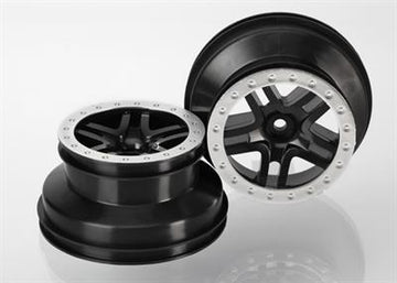 Traxxas - TRX5884 - Wheels, SCT Split-Spoke, black, satin chrome beadlock style, dual profile (2.2" outer 3.0" inner) (4WD f/r, 2WD rear) (2)