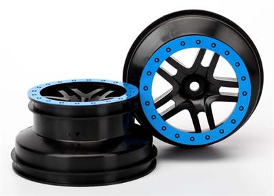 Wheels, SCT Split-Spoke, black, blue beadlock style, dual profile (2.2" outer 3.0" inner) (4WD f/r, 2WD rear) (2)