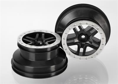 Traxxas - TRX5886 - Wheels, SCT Split-Spoke, black, satin chrome beadlock style, dual profile (2.2" outer 3.0" inner) (2WD front) (2)