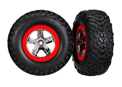 Traxxas - TRX5887 - Tires & wheels, assembled, glued (SCT chrome wheels, red beadlock style, dual profile (2.2" outer, 3.0" inner), SCT off-road raci