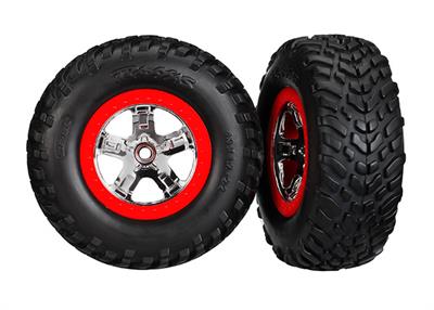 Tires & wheels, assembled, glued (SCT chrome wheels, red beadlock style, dual profile (2.2" outer, 3.0" inner), SCT off-road raci