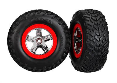 Traxxas - TRX5888 - Tires & wheels, assembled, glued (SCT chrome wheels, red beadlock style, dual profile (2.2" outer, 3.0" inner), SCT off-road raci