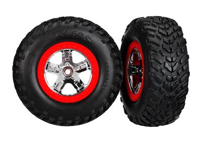Tires & wheels, assembled, glued (SCT chrome wheels, red beadlock style, dual profile (2.2" outer, 3.0" inner), SCT off-road raci