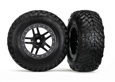Tire & wheel assembled, glued (S1 compound) (SCT Split-Spoke black, satin chrome beadlock style wheel (dual profile 2.2" outer 3