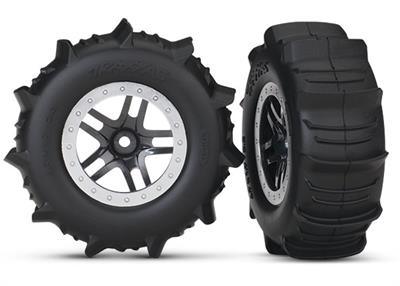 Tires & wheels, assembled, glued (SCT Split-Spoke black, satin chrome beadlock style wheels, paddle tires, foam inserts) (2) (4WD