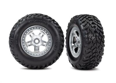 Tires & wheels, assembled, glued (SCT, satin chrome wheels, (dual profile 2.2" outer 3.0" inner), SCT off-road racing tires, foam