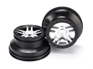 Traxxas - TRX5974 - Wheels, SCT Split-Spoke, satin chrome, black beadlock style, dual profile (2.2" outer 3.0" inner) (front/rear) (2)