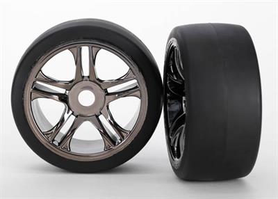 Traxxas - TRX6477 - Tires & wheels, assembled, glued (split-spoke, black chrome wheels, slick tires (S1 compound), foam inserts) (rear) (2)