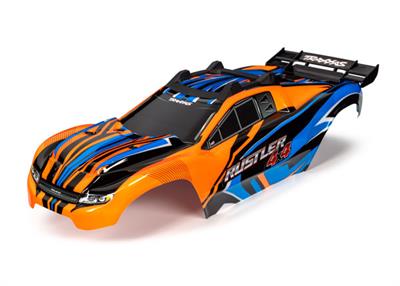 Traxxas - TRX6734T - Rustler® 4X4 VXL Karosseri i Orange og Blå tema. Med skid plate, spoiler og Karosseri fastgørelse