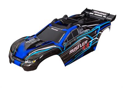 Traxxas - TRX6740B - Rustler® 4X4 VXL Karosseri i Blå tema. Med skid plate, spoiler og Karosseri fastgørelse