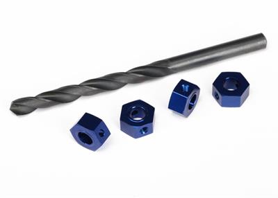 Traxxas - TRX6869 - Wheel adaptors, 12mm hex, 6061-T6 aluminum (blue-anodized) (4)/ 3x10 screw pins (4)/ drill bit, 0.25 inch (for 6mm shafts)