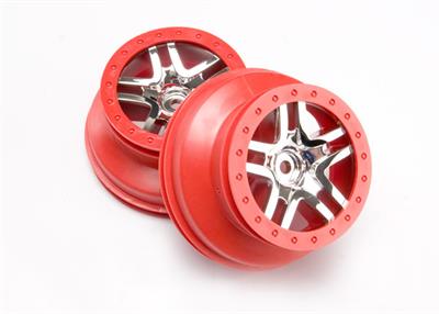 Traxxas - TRX6872A - Wheels, SCT Split-Spoke, chrome, red beadlock style, dual profile (2.2" outer 3.0" inner) (4WD front/rear, 2WD rear) (2)