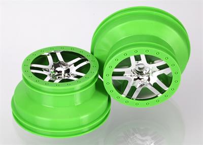 Traxxas - TRX6872X - Wheels, SCT Split-Spoke, chrome, green beadlock style, dual profile (2.2" outer 3.0" inner) (4WD front/rear, 2WD rear) (2)