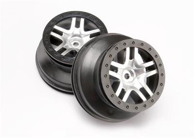 Traxxas - TRX6872 - Wheels, SCT Split-Spoke, satin chrome, black beadlock style, dual profile (2.2" outer 3.0" inner) (4WD front/rear, 2WD rear only)