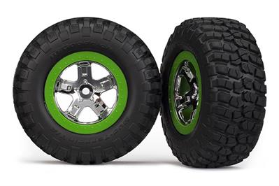 Traxxas - TRX6876 - Tire & wheel assy, glued (SCT, chrome, green beadlock wheel, BFGoodrich® Mud-Terrain™ T/A® KM2 tire, foam inserts) (2) (4WD front