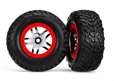 Traxxas - TRX6891R - Tires & wheels assembled, glued (S1 compound) (SCT Split-Spoke chrome, red beadlock style wheels, SCT off-road racing tires, foa