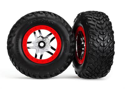 Traxxas - TRX6891 - Tires & wheels, assembled, glued (SCT Split-Spoke chrome, red beadlock style wheels, SCT off-road racing tires, foam inserts) (2)