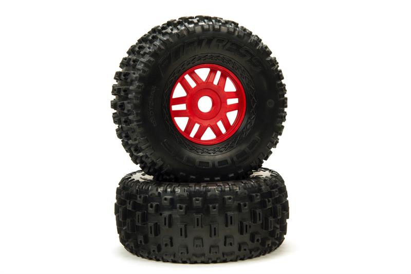 Arrma - ARA550065 - DBOOTS FORTRESS Dæk limet på røde fælge med 17mm hex - 2 stk