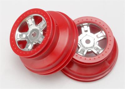 Traxxas - TRX7072A - Wheels, SCT satin chrome, red beadlock style, dual profile (1.8" inner, 1.4" outer) (2)