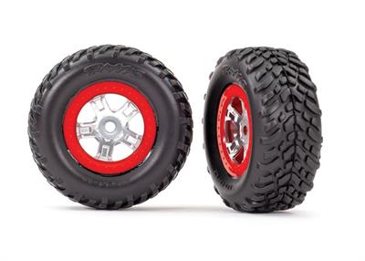 Traxxas - TRX7073A - Tires & wheels, assembled, glued (SCT satin chrome wheels, red beadlock style, SCT off-road racing tires, foam inserts) (1 each,