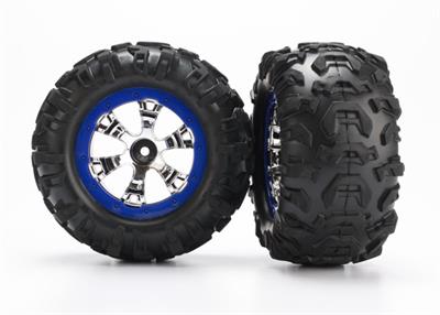 Traxxas - TRX7274 - Tires & wheels, assembled, glued (Geode chrome, blue beadlock style wheels, Canyon AT tires, foam inserts) (1 left, 1 right)