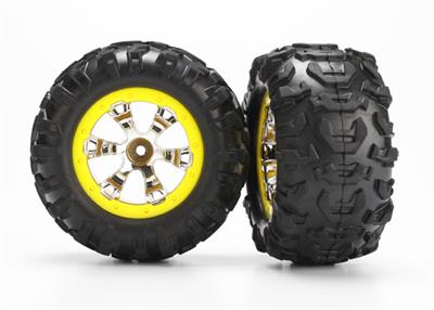 Traxxas - TRX7276 - Tires & wheels, assembled, glued (Geode chrome, yellow beadlock style wheels, Canyon AT tires, foam inserts) (1 left, 1 right)